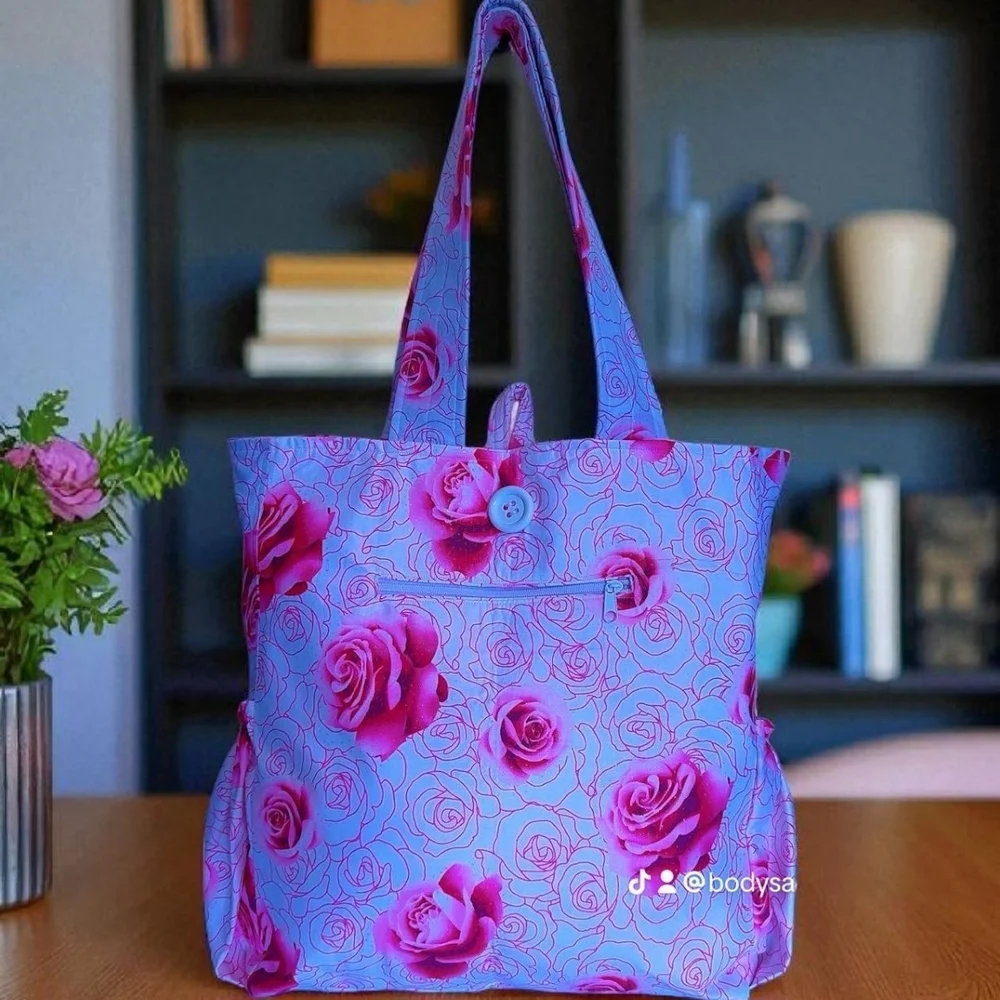 Elegant Blue and Pink Floral Tote Bag